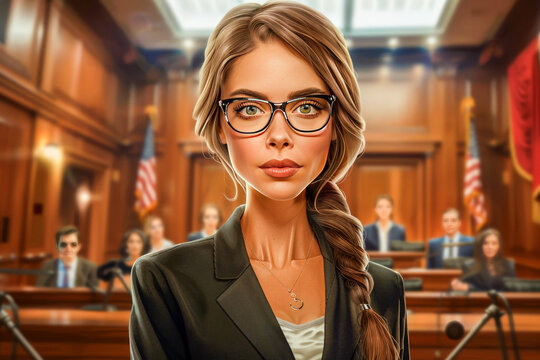 Cartoon Caricature of a Female Attorney.  Generated Image.  A digital illustration of a strong, intelligent female attorney.
