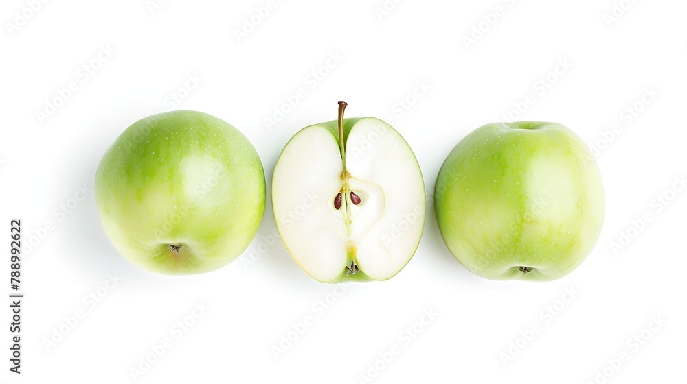 Poster Flat lay of Fresh green Apple fruit with cut in half and slice isolated on white background : Generative AI