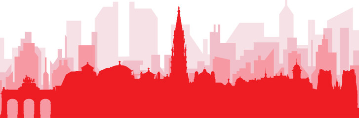 Red panoramic city skyline poster with reddish misty transparent background buildings of BRUSSELS, BELGIUM