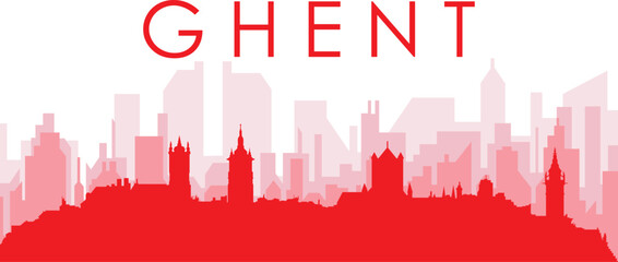 Red panoramic city skyline poster with reddish misty transparent background buildings of GHENT, BELGIUM