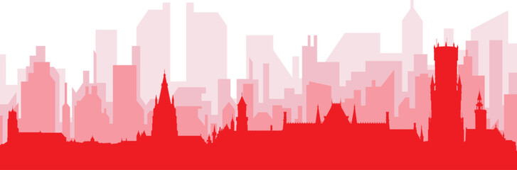 Fototapeta premium Red panoramic city skyline poster with reddish misty transparent background buildings of BRUGES, BELGIUM
