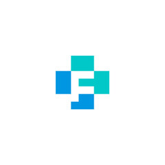  F letter medical health cross logo - blue green color.