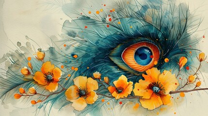 Watercolor style illustration for vishu with peacock feather and yellow flowers
