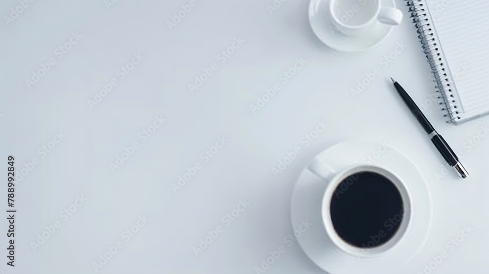 Poster white office desk table with blank notebook computer supplies and coffee cup top view with copy spac