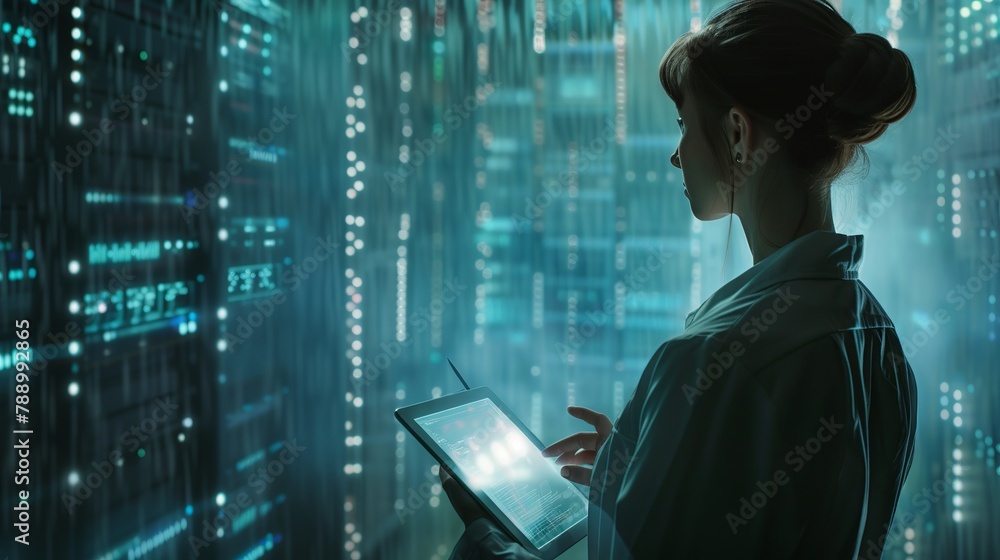 Poster expert female it specialist engages with augmented reality interface on tablet at high-tech server f