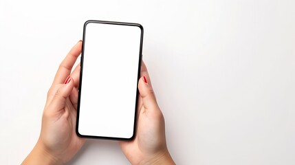 Female hands holding modern cellphone Close up of woman hands holding smart phone with blank screen Empty smartphone white screen ready for your app to be placed isolated on white back : Generative AI