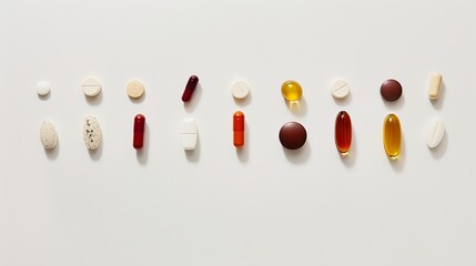 Flat lay composition of various vitamin capsules and dietary supplements isolated on white background Vitamin complexes concept : Generative AI