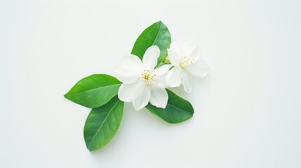 Jasmine flower with green leaf on white background  top view  flat lay : Generative AI