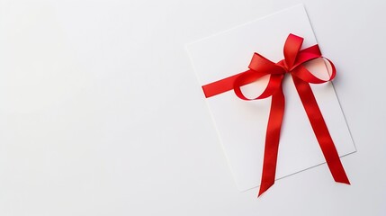 Card mockup blank flyer with red ribbon on white background top view flat lay Blank invitation holiday greeting card mockup with copy space : Generative AI