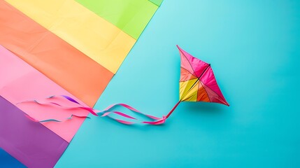 A rainbow colored delta kite on colored background