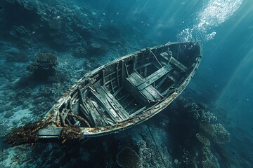 Wreck Diving. Swimming around a sunken wooden fishing boat .