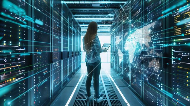 Expert female IT specialist engages with augmented reality interface on tablet at high-tech server farm, overseeing cloud computing operations for leading cybersecurity firm