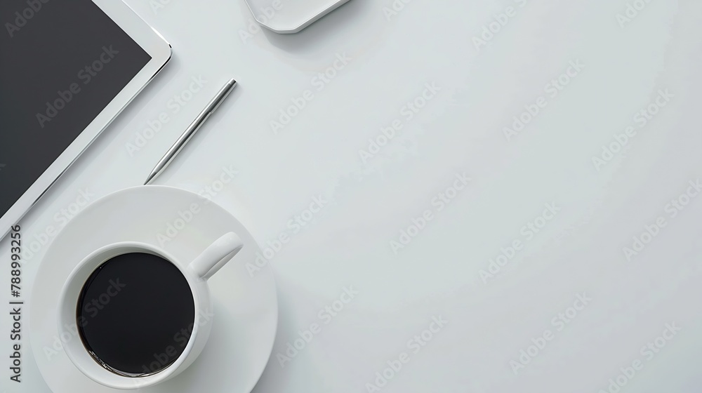 Poster modern workplace wot digital tablet cup of coffee and notepad on white table flat lay top view : gen