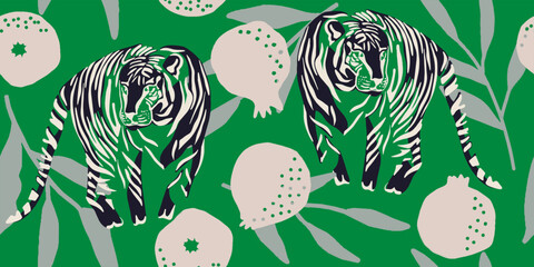 Tigers and pomegranate seamless pattern. Creative collage pattern. Fashionable template for design. - 788993242