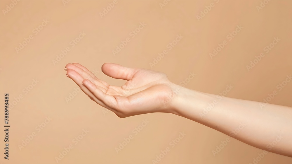 Aufkleber Beautiful woman hand isolated on brown background Empty open female hand on cream background with copy space Close up of elegant palm faced upwards with space for your product : Generative AI
