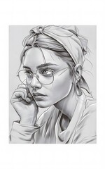A fine arts illustration showcasing the essence of Indian culture. The sketch features a young woman with round glasses, her hair tied up with a bandana, gazing intently to her right.