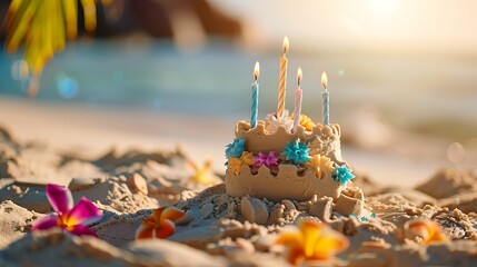 A sandcastle birthday cake with candle and lei on a tropical vacation beach paradise