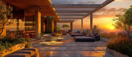 Fototapeta premium Interior design: Attractive contemporary outdoor seating area with a pergola during sunset.
