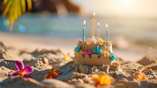 A sandcastle birthday cake with candle and lei on a tropical vacation beach paradise