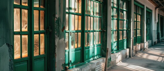 A row of green, old-fashioned windows with glass are open, allowing sunlight to filter through,...