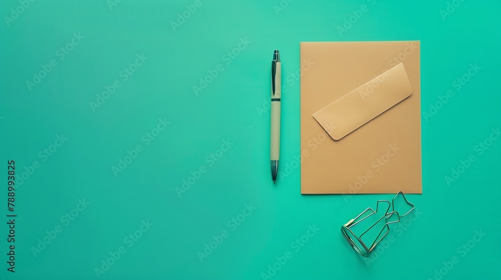 Aufkleber overhead flat lay of a workspace with a notebook pen envelope and a binder clip against a teal backg