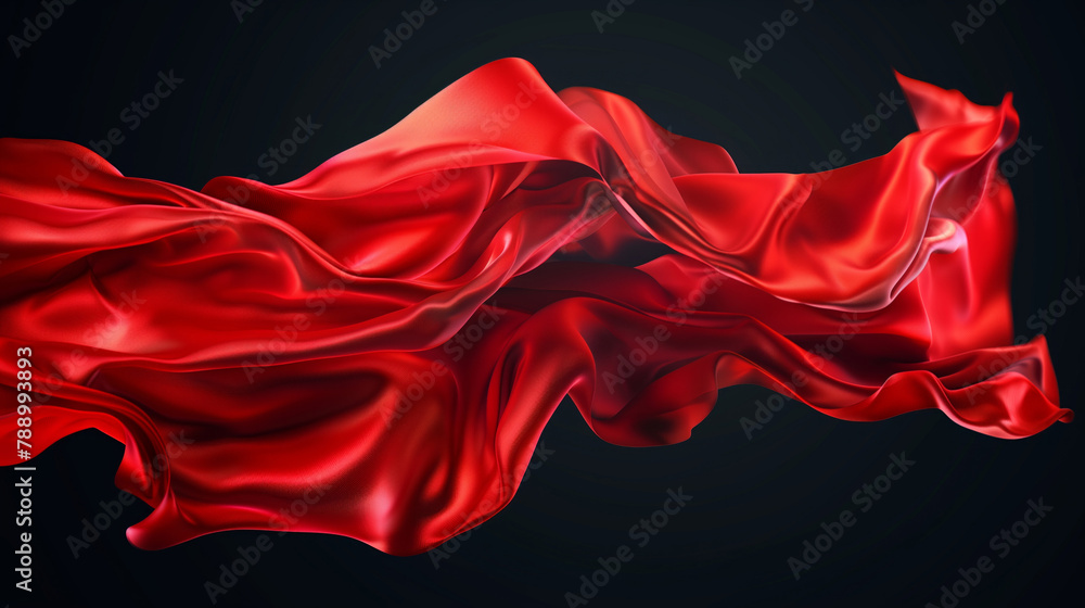 Poster a red fabric is shown in a black background. the red fabric is flowing and he is in motion. scene is