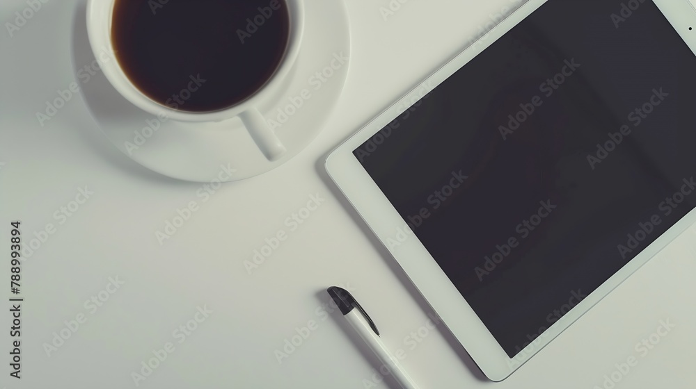 Poster modern workplace wot digital tablet cup of coffee and notepad on white table flat lay top view : gen