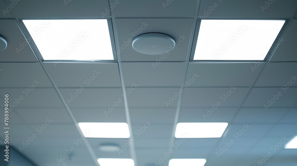 Poster suspended ceiling made of square plasterboard slabs with builtin round led lighting closeup details 