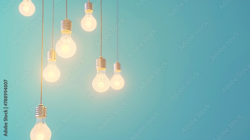 Poster Hanging light bulbs with glowing one different idea on light blue background  Minimal concept idea  flat lay  top : Generative AI