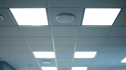 Suspended ceiling made of square plasterboard slabs with builtin round LED lighting Closeup details of the ceiling in the office and an autonomous fire detector : Generative AI