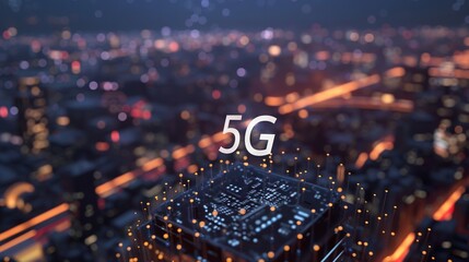 Futuristic smart cityscape with seamless 5G network integration and IoT connectivity over urban skyline