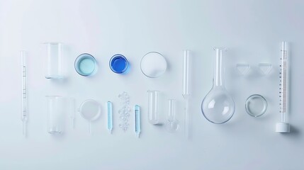Flat lay of assorted laboratory glassware equipment showcase on white background Concept of chemical scientific experiment : Generative AI