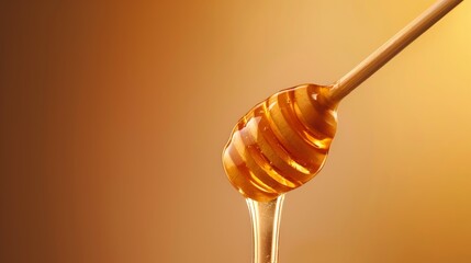 Honey dripping from the honey stick against golden light background. Dripping honey on wooden dipper with space for text. - obrazy, fototapety, plakaty