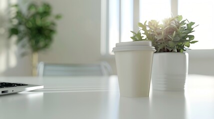 Close up view of simple workspace with laptop notebooks coffee cup and tree pot on white table with...