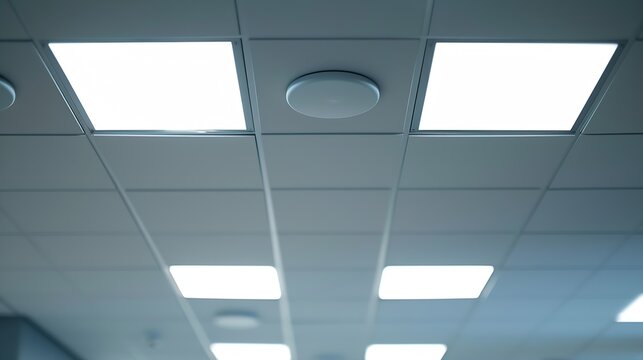 Suspended ceiling made of square plasterboard slabs with builtin round LED lighting Closeup details of the ceiling in the office and an autonomous fire detector : Generative AI