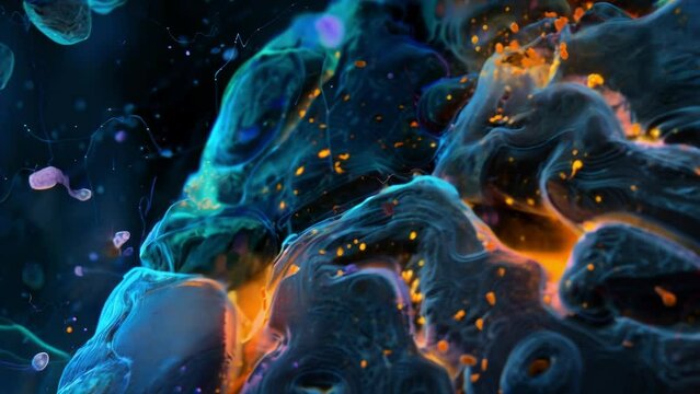 Closeup of a crosssection of a brain showing neural stem cells actively dividing and producing new neurons. .