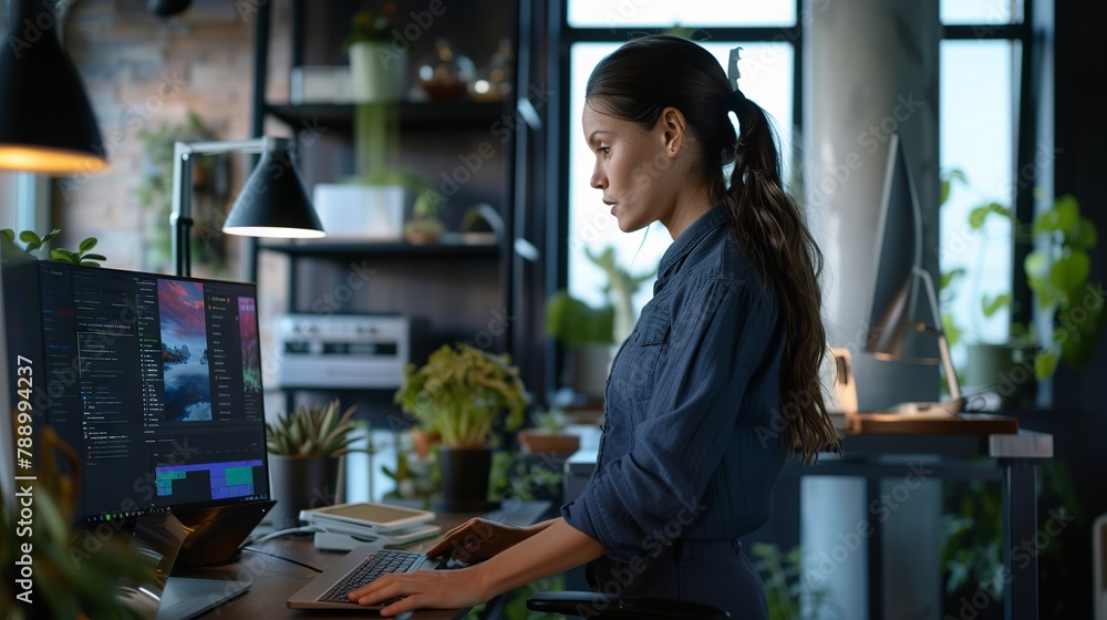Poster dedicated female programmer fine-tuning software code at ergonomic standing workstation in contempor