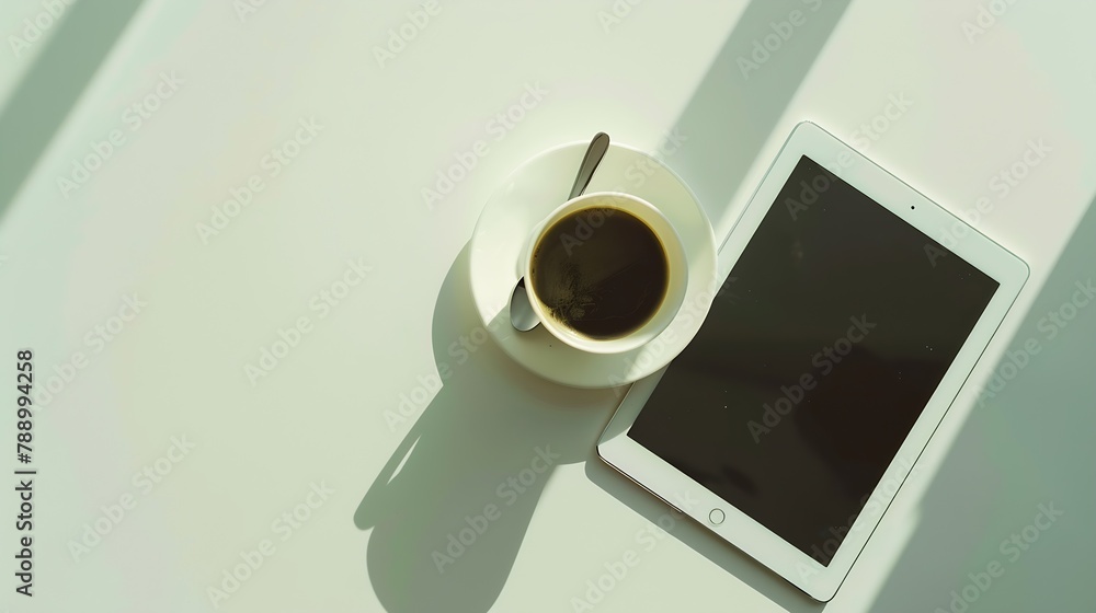 Aufkleber modern workplace wot digital tablet cup of coffee and notepad on white table flat lay top view : gen