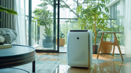 portable air conditioner in a room with plants, a coffee table and a sofa