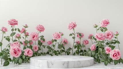 A 3D podium adorned with pink roses, set against a nature-inspired white background. The garden rose floral summer scene adds elegance, making it an ideal setting for a romantic cosmetic product displ