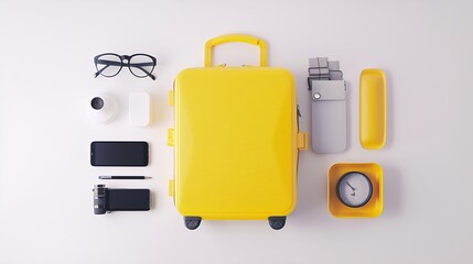 Flat lay yellow suitcase with traveler accessories on white bright background travel concept : Generative AI