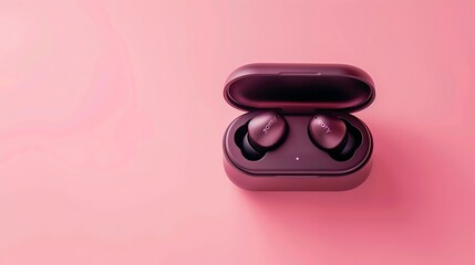 Wireless inear headphones with a case on a pink background flat lay : Generative AI