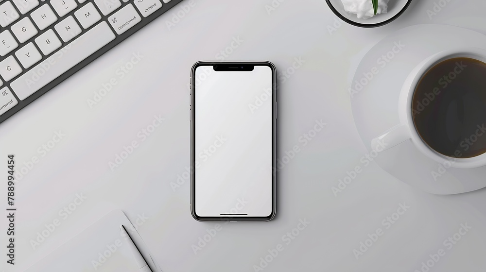 Poster Flat lay mobile phone with empty screen coffee cup notepad and keyboard on white table Top view with copy space : Generative AI