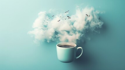 Naklejka premium Coffee cup with steam clouds and birds Coffee concept Flat lay : Generative AI