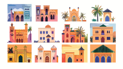 Morocco architecture cards set. Moroccan buildings sq