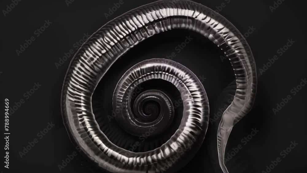 Poster a black and white image of a nematode coiled in a spiral shape with its fine symmetrical ridges and 