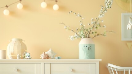 Kids room decorated wall background and sideboard with baby goods : Generative AI
