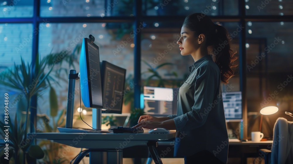 Poster dedicated female programmer fine-tuning software code at ergonomic standing workstation in contempor