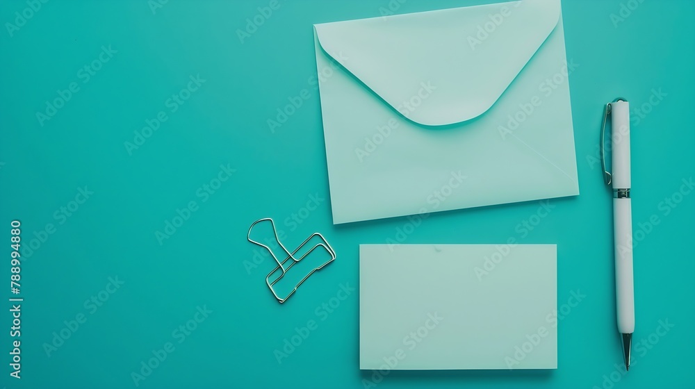 Aufkleber overhead flat lay of a workspace with a notebook pen envelope and a binder clip against a teal backg