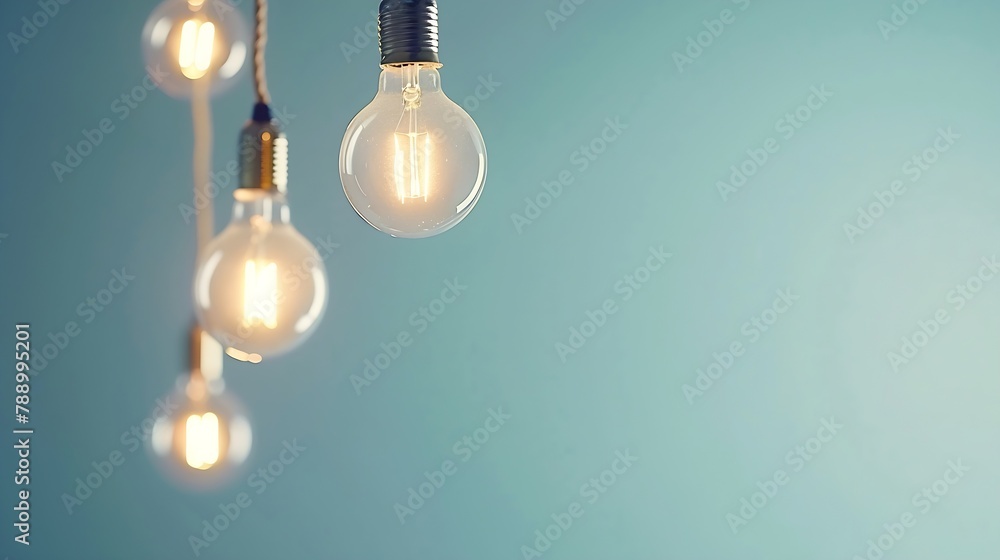 Poster Hanging light bulbs with glowing one different idea on light blue background  Minimal concept idea  flat lay  top : Generative AI